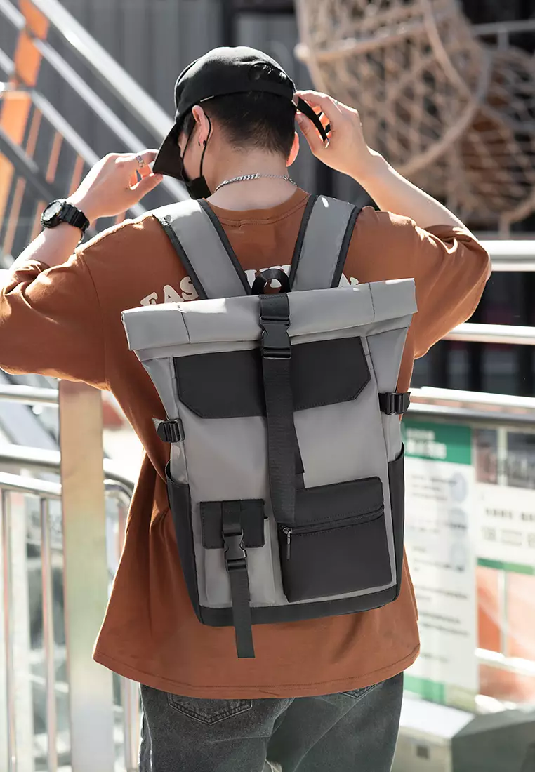 Men's Plain Capacious Wear-resistant Oxford Cloth Buckle Backpack - Dark Grey