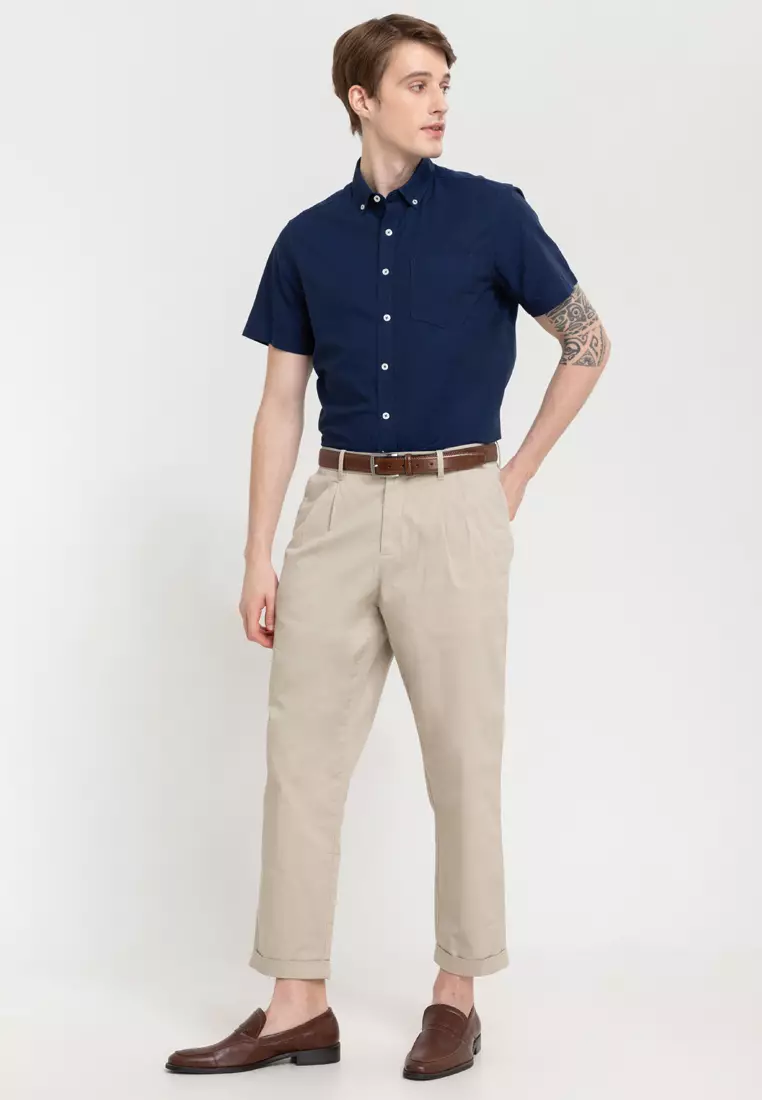 Woven Short Sleeves Casual Oxford Pea Shirt