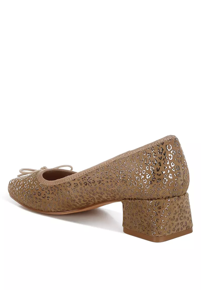 Leopard Print Block Heel Ballerinas in Tan