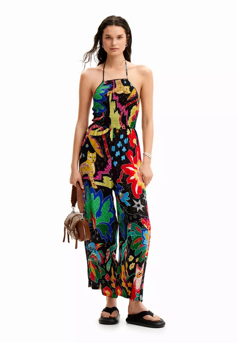 Desigual Woman Jungle design halter neck jumpsuit.