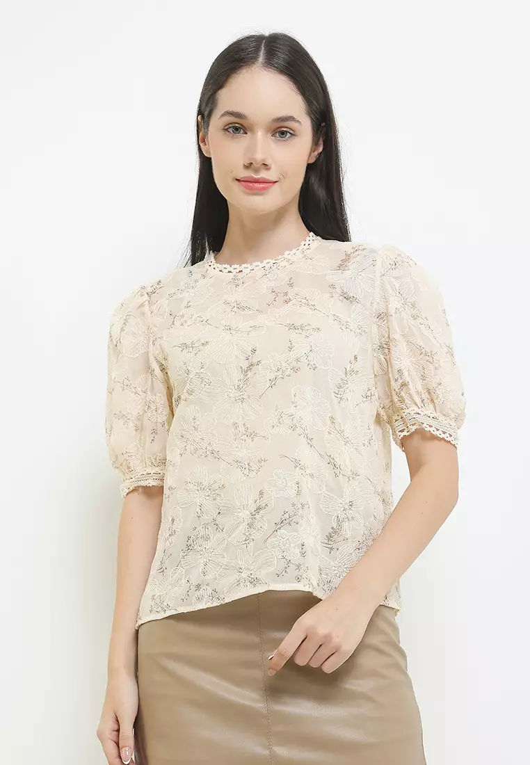 Jual Chic Simple Short Puffed Sleeves Flo Print Emb Blouse Original ...