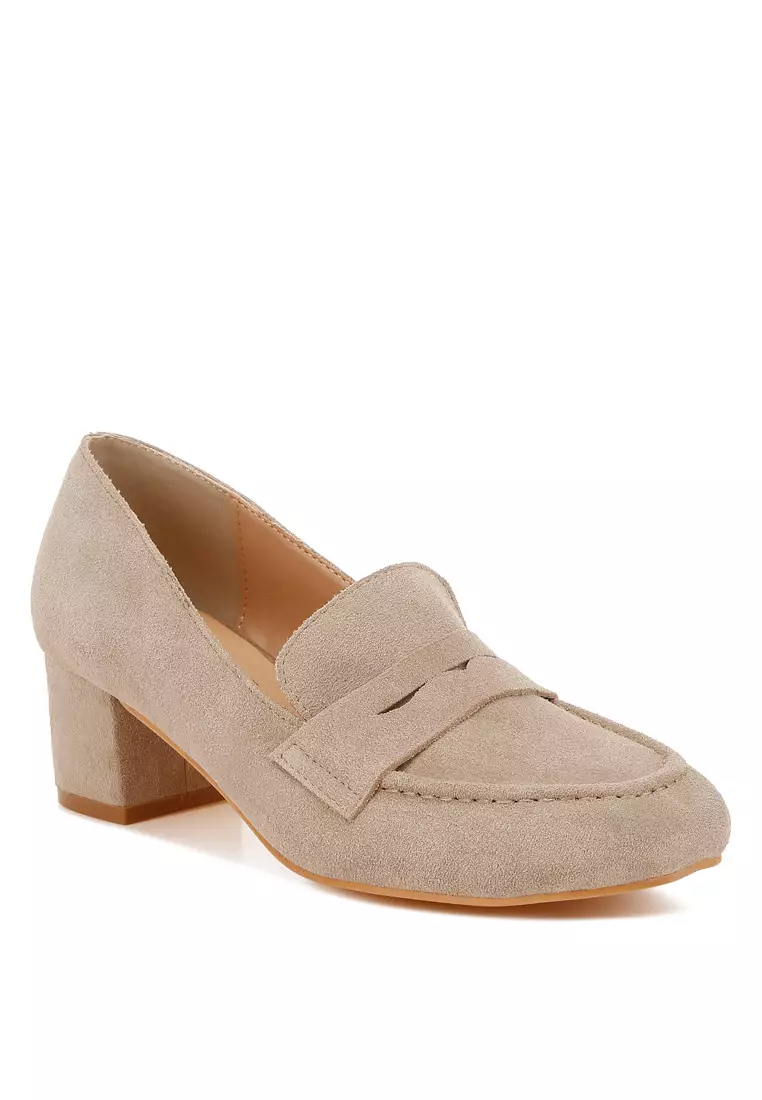 Block Heel Suede Loafers in Sand