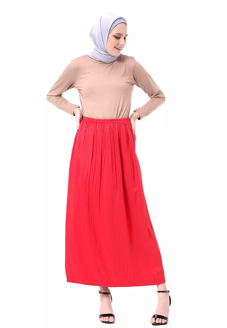 Angely Rok Plisket Rubbery Waist Fashion Wanita Simple - Merah