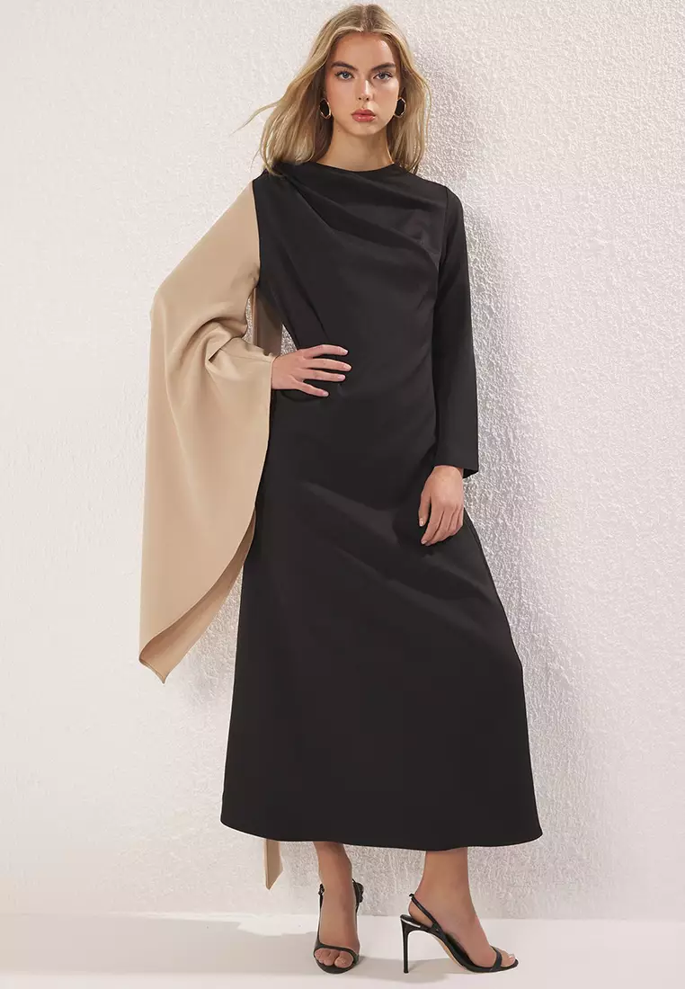 Mink Shawl Detailed Woven Evening Dress Tctss25Db00002