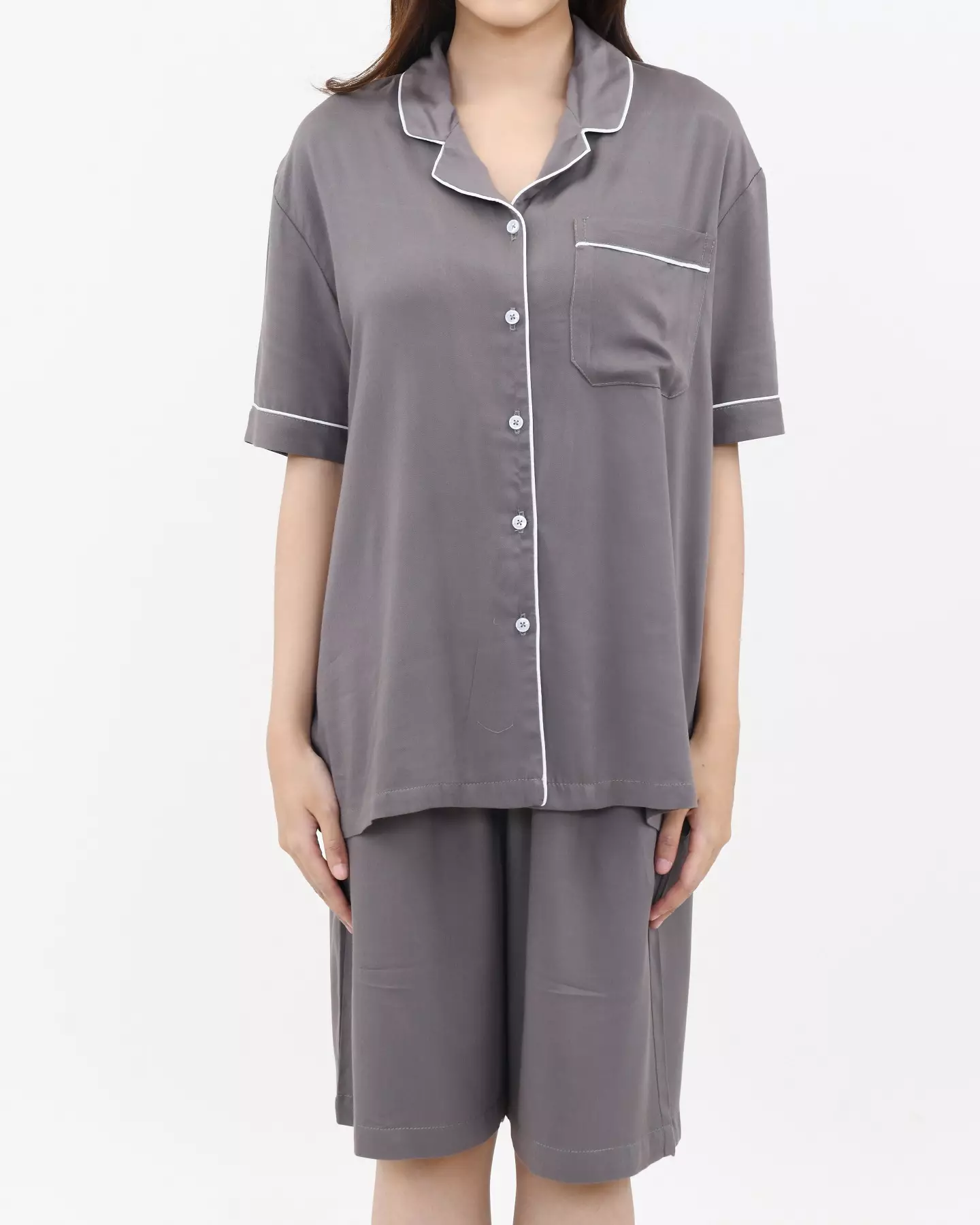 Setelan Piyama Katun Wanita Keisha [ABU ABU] SIZE L-XXL Baju Tidur Short Sleeve Short Pants Plain Sleepwear