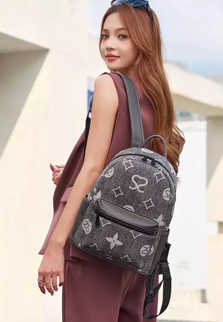 Women's Monogram Backpack (Tas Ransel Wanita / Tas Punggung Wanita) - Abu-Abu