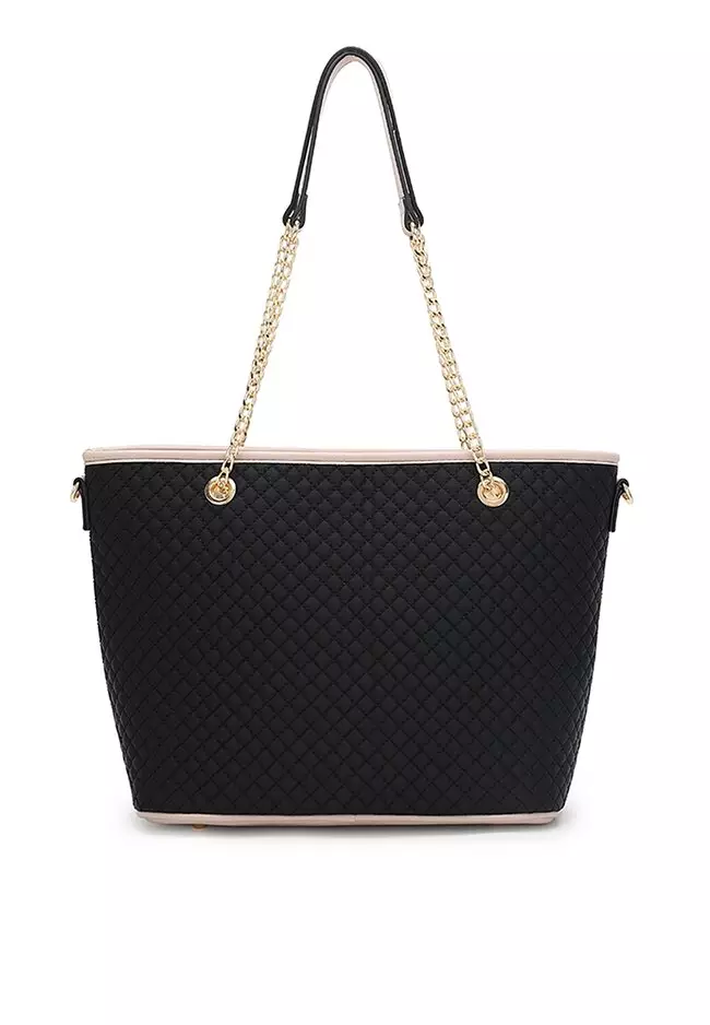 Women's 3 in 1 Quilted Handbag - Tote Bag / Wallet / Pouch  - Black