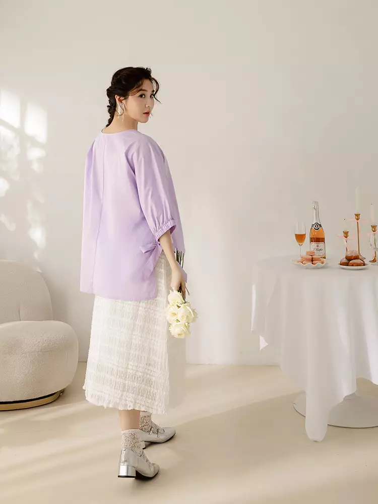 Cotton bow-tie puff sleeve slit top [AB19496]