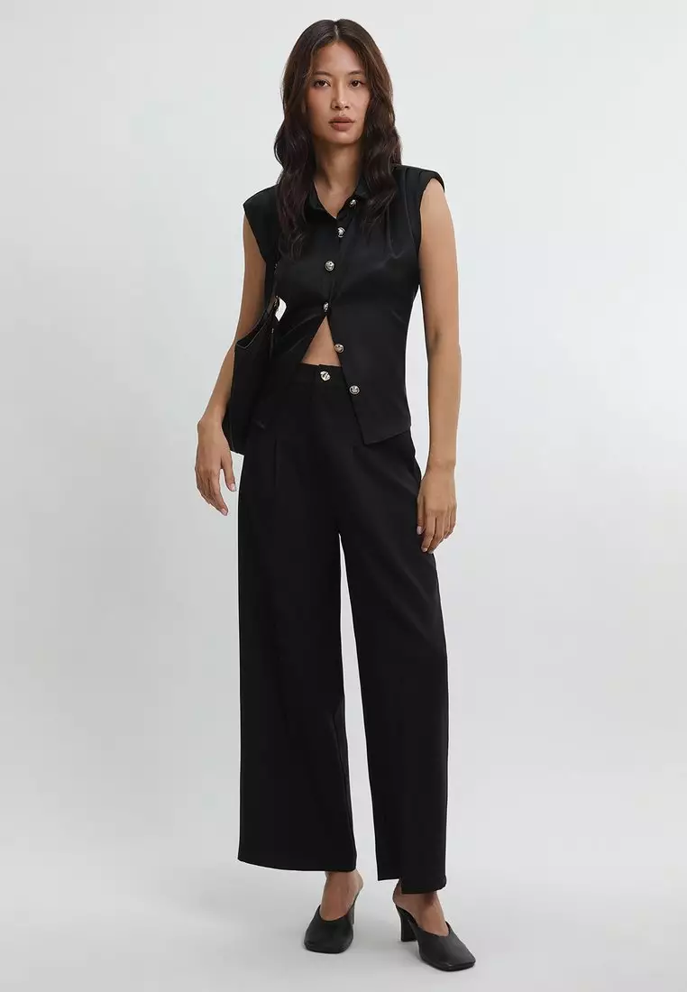 Button Front Sleeveless Shirt - Black