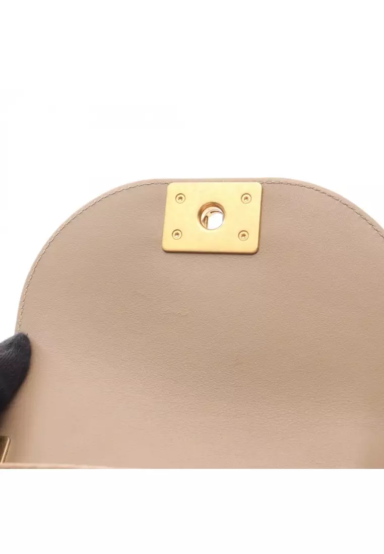 Pre-Loved Chanel boy chanel mini matelasse chain shoulder bag Velor Khaki brown gold hardware