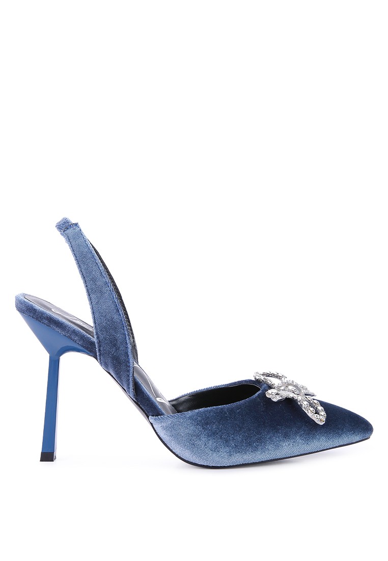 Blue Velvet Diamante Detail Heeled Slingback Mules