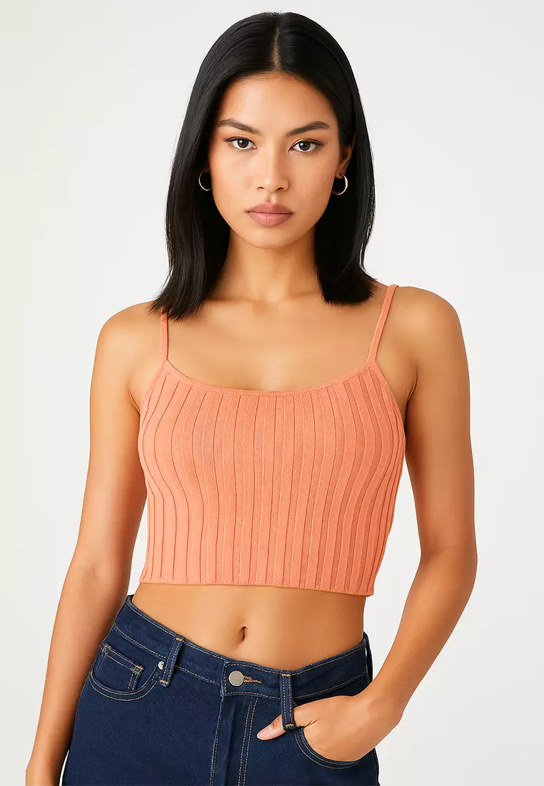 Rib Knit Spaghetti Crop Top in Desert Sand