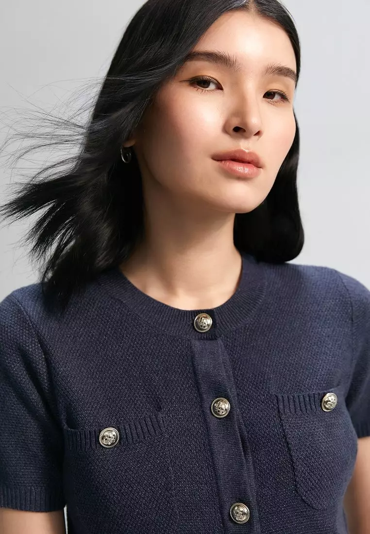 Gold Button Detail Short-Sleeve Cardigan - Dark Blue