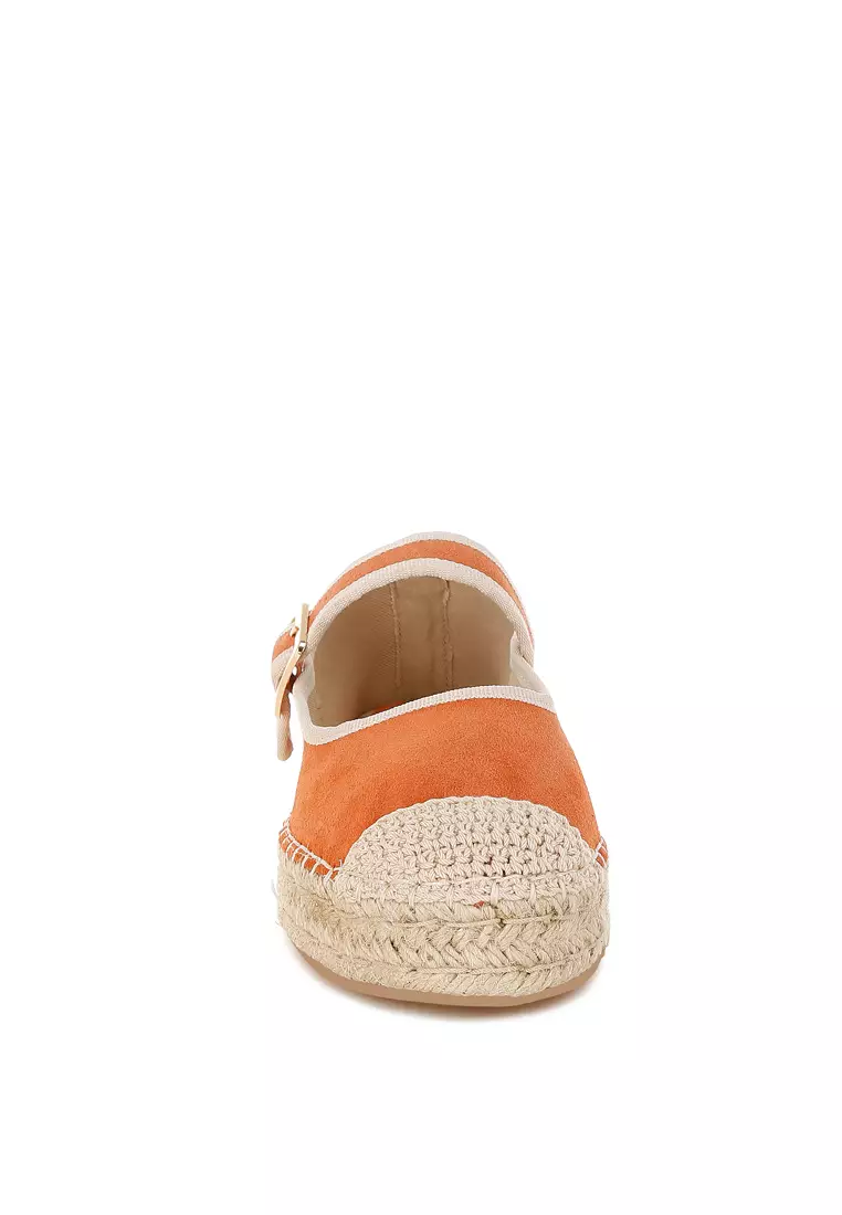 Sepatu Espadrilles Mary Jane Kulit Suede Lembut Warna Coklat Keemasan