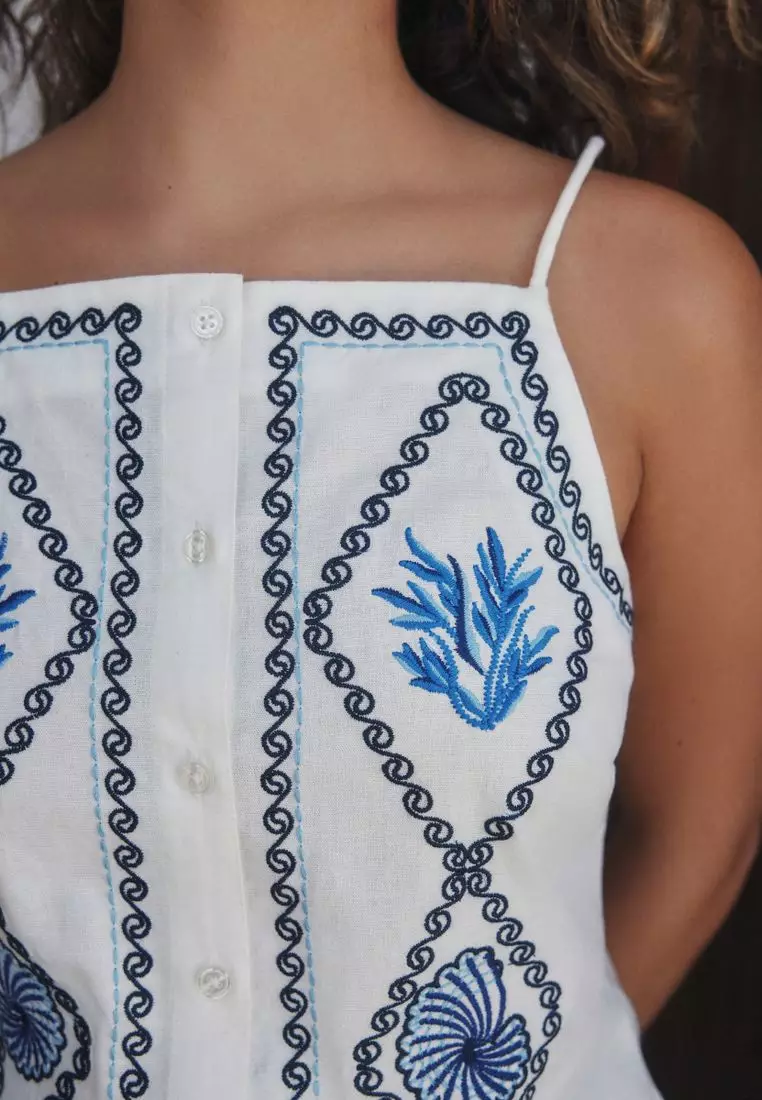 Embroidered Mini Shift Dress With Linen