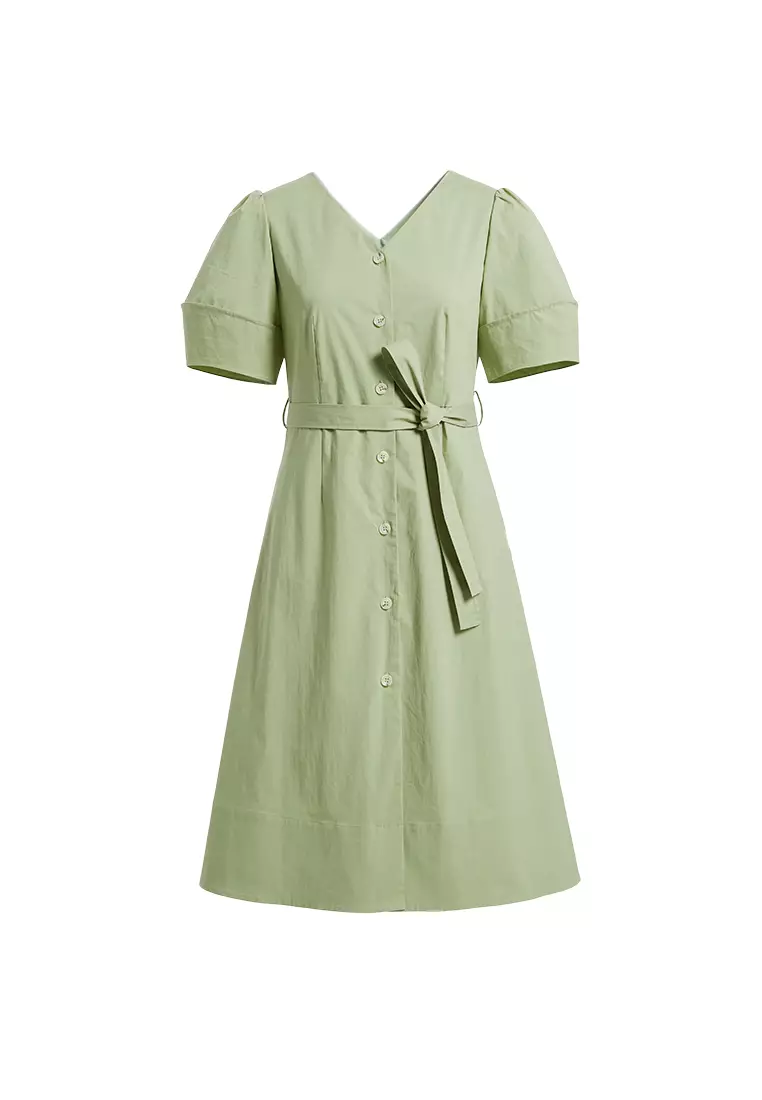 Buy Hopeshow Wide Sleeve Solid Front Midi Dress with Wasit Tie