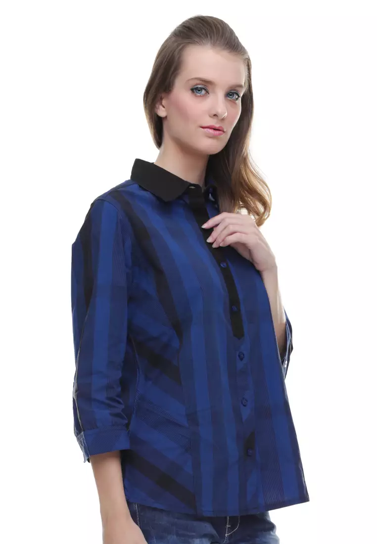 LGS - Regular Fit - Kemeja Wanita - Motif Garis - Biru