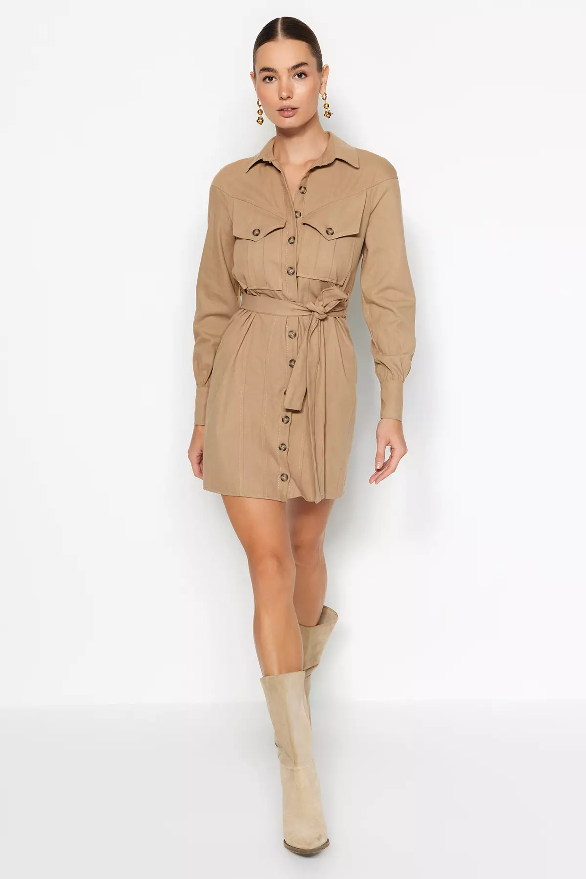 Camel utility sale shirt dress