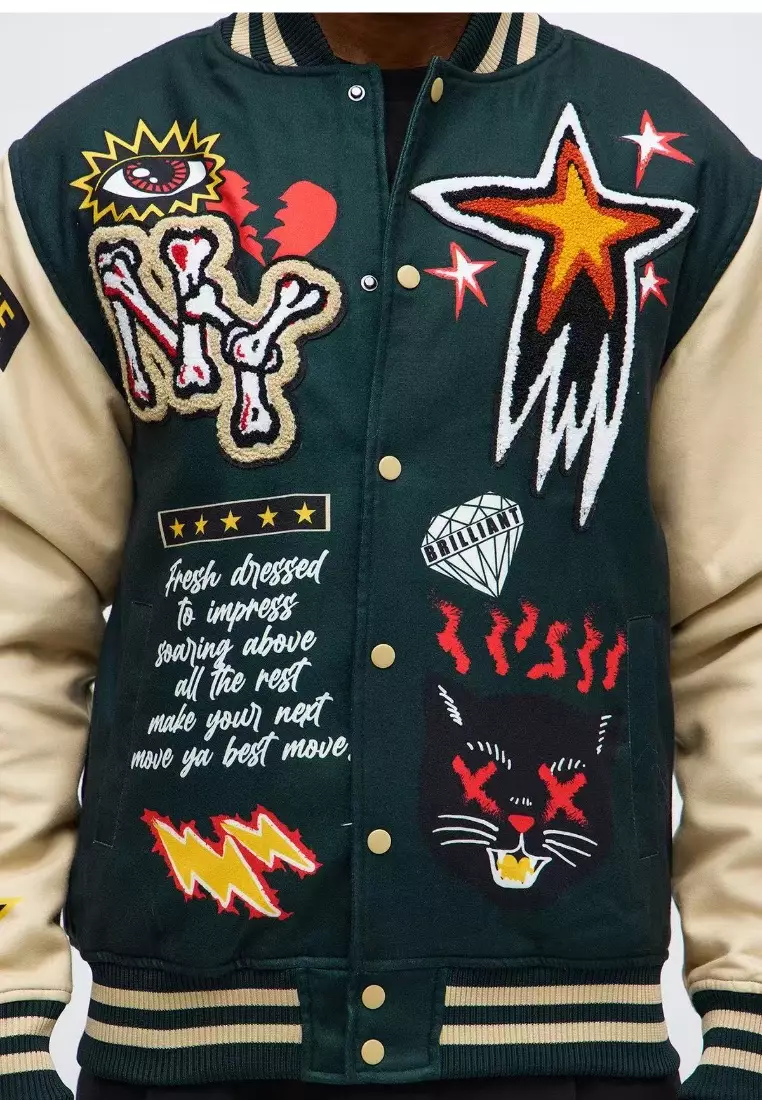 NYC Streetwear - Super Fly Varsity Jacket - Ivory/Green