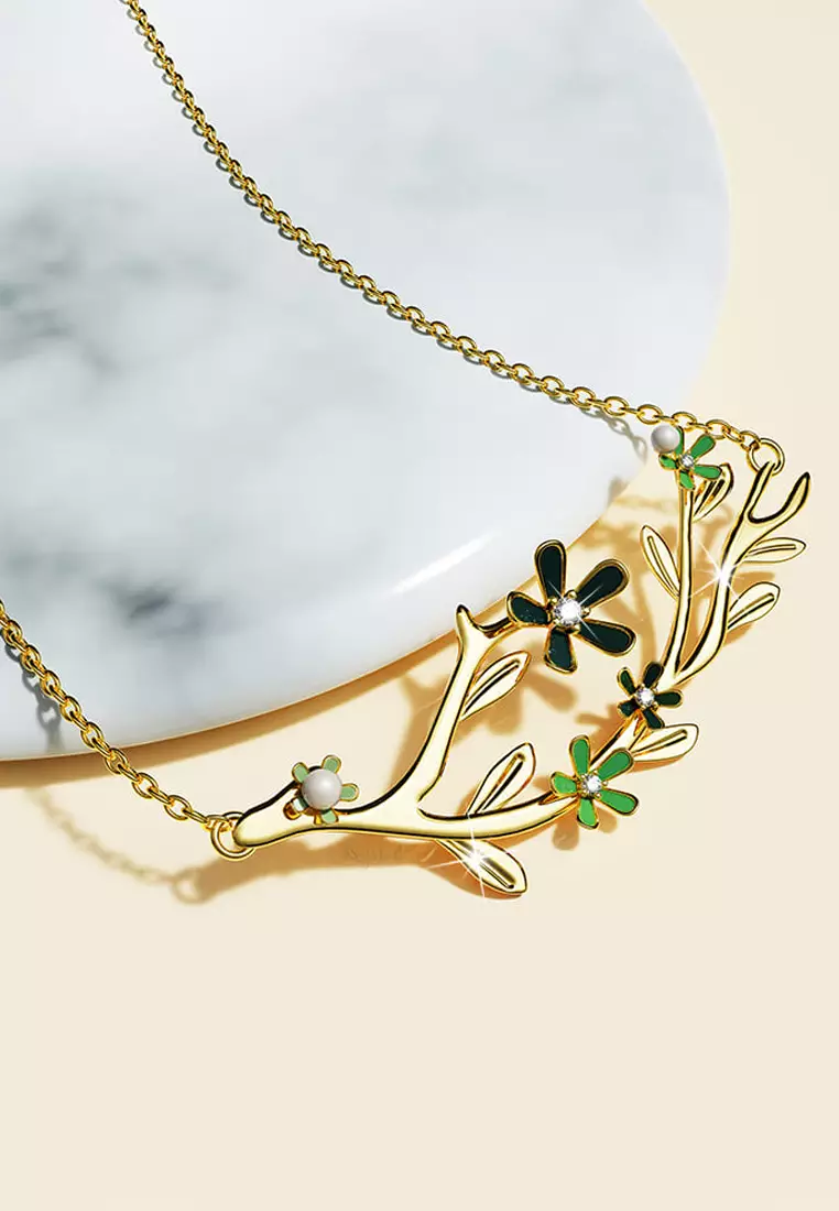 Petalia Olive Green Necklace Featured SWAROVSKI® Crystals in Gold
