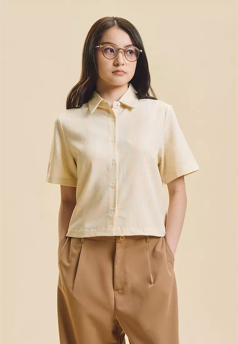 Dress Code Short Sleeve Striped Relaxed Button Down Top