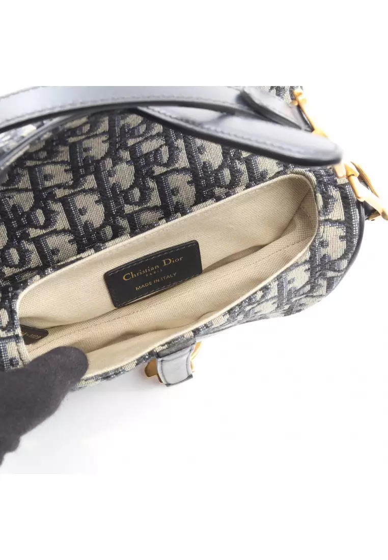 Pre-Loved Christian Dior saddle bag mini oblique jacquard Handbag canvas leather ivory Navy