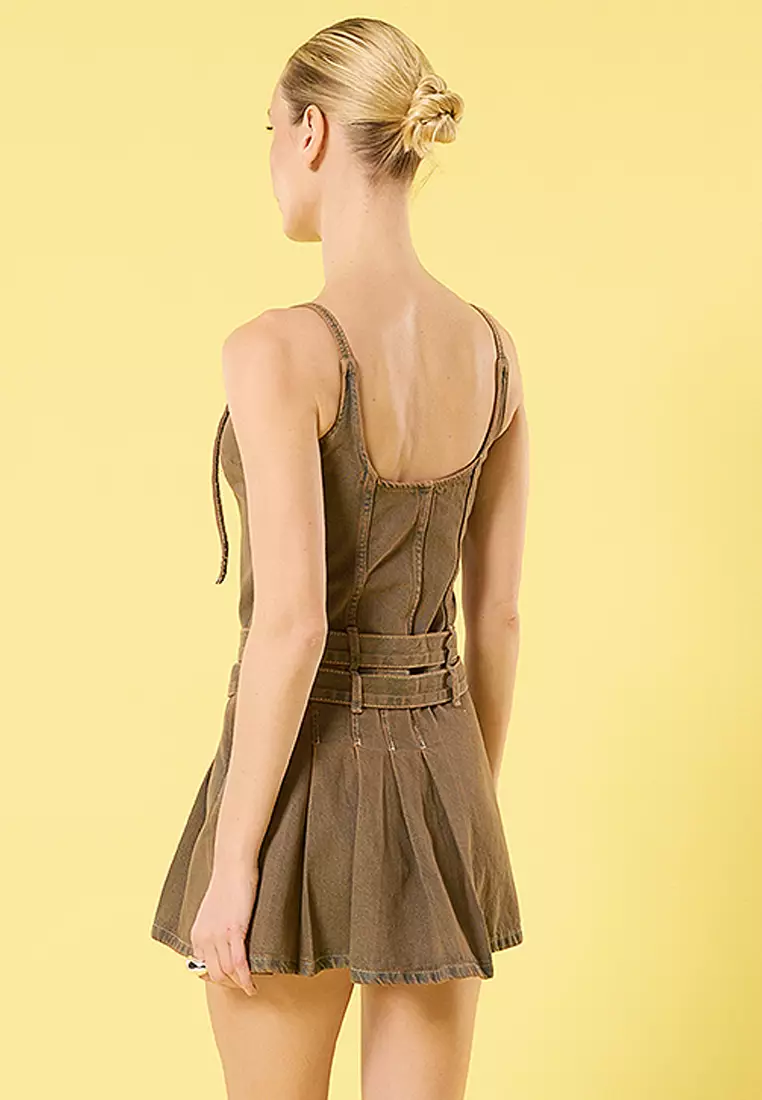 束腰口袋細節褶飾牛仔迷你連身裙