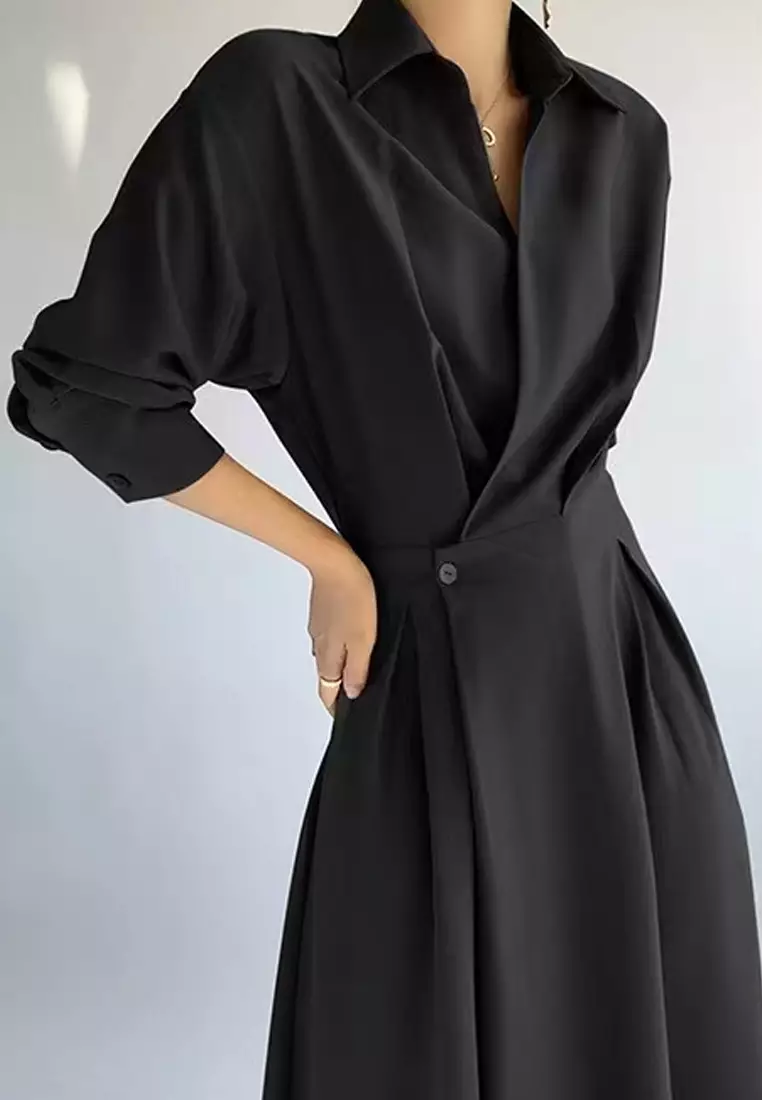 高腰翻領長袖連衣裙XHG-1138-1