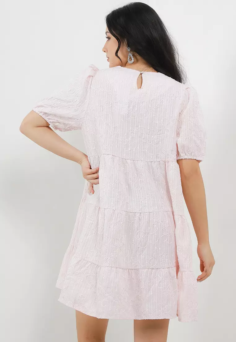 Puff Sleeve Emb Tier Dress
