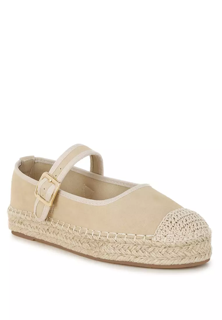 Sepatu Espadrilles Mary Jane Kulit Suede Lembut Warna Beige