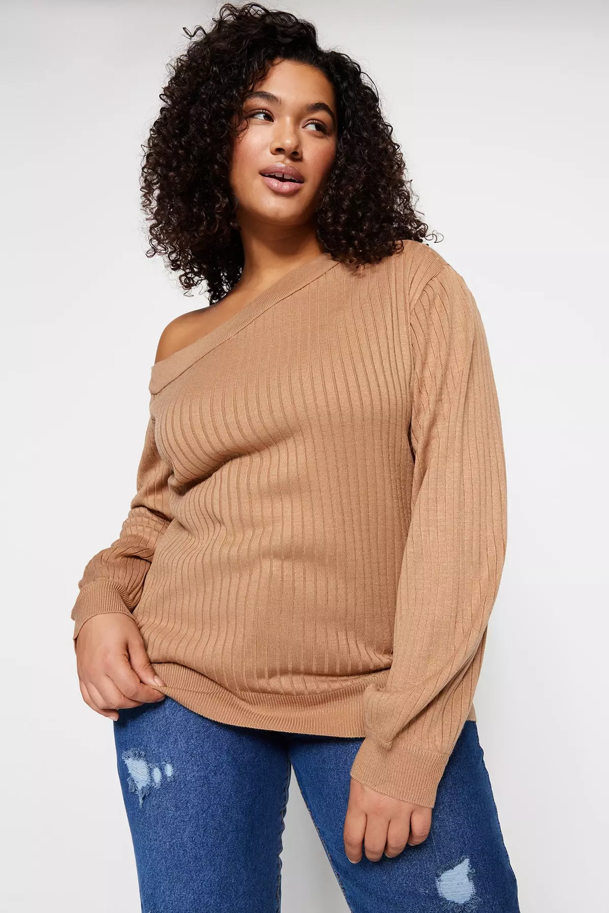 Trendyol Plus Size Camel Boat Collar Knitwear Sweater 2023 Buy