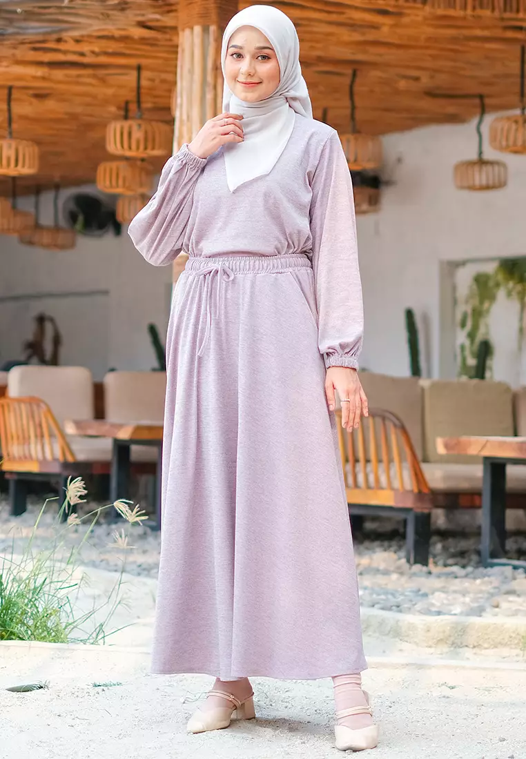 JV Hasanah Set Rok Baju Kurung Corduroy Lilac | Setelan Rok Kaos Jumbo
