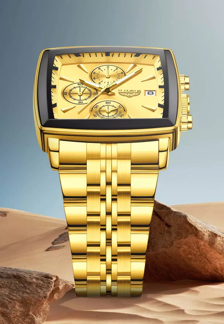 Chronograph Unisex Gold Color Finish Metal Alloy Quartz Watch 40X40mm, Gold Dial, Gold Color Finish Stainless Steel Bracelet