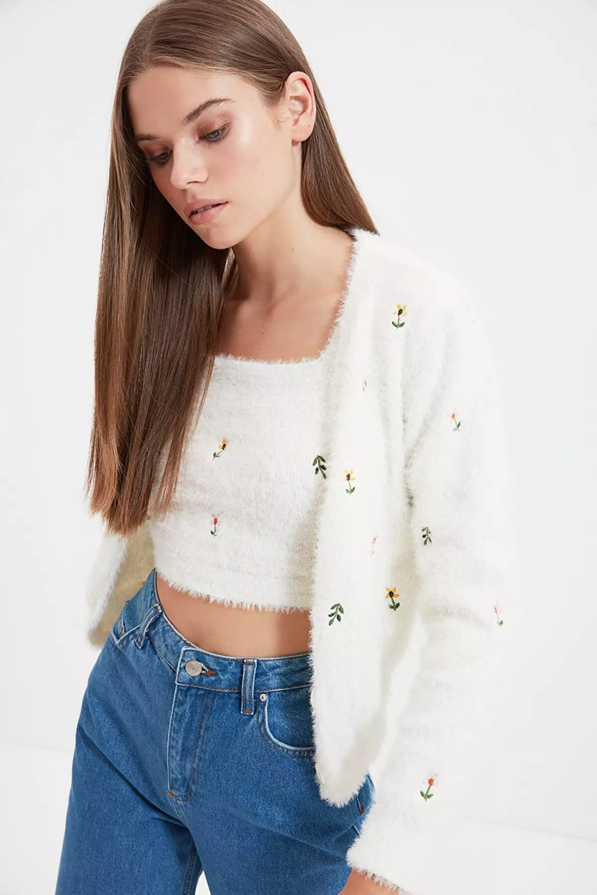 Ecru Pile/Beard Rope Blouse Cardigan Knitwear Suit