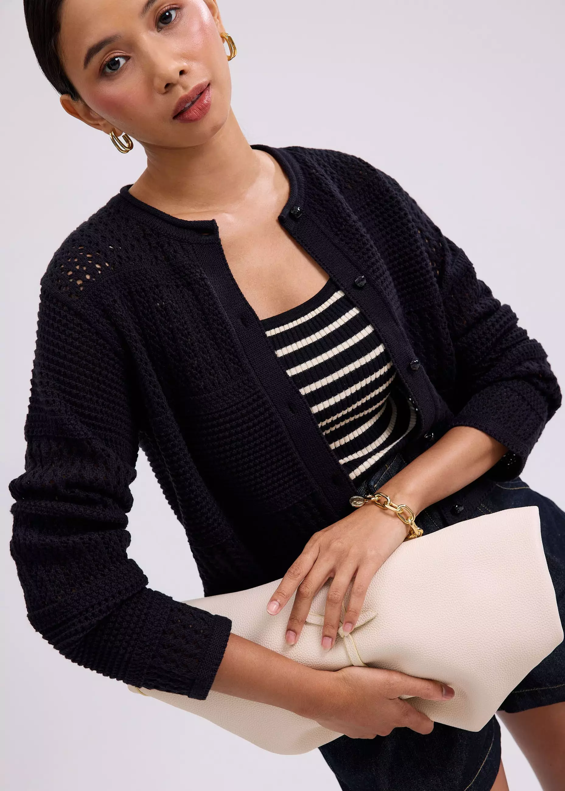 Cardigan Wanita - Relaxed Pointelle Knit Round Neck Cardigan