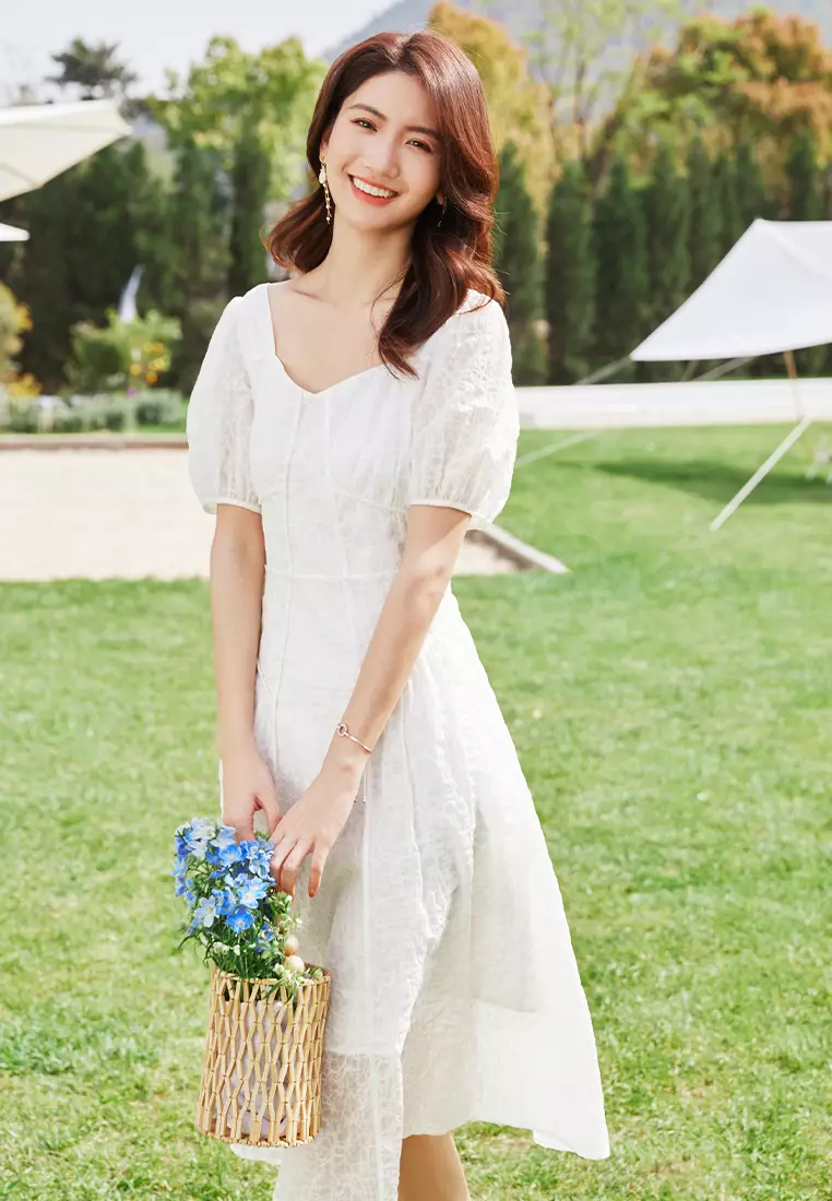 Puff Sleeve Outdoor Elegant Midi Dress