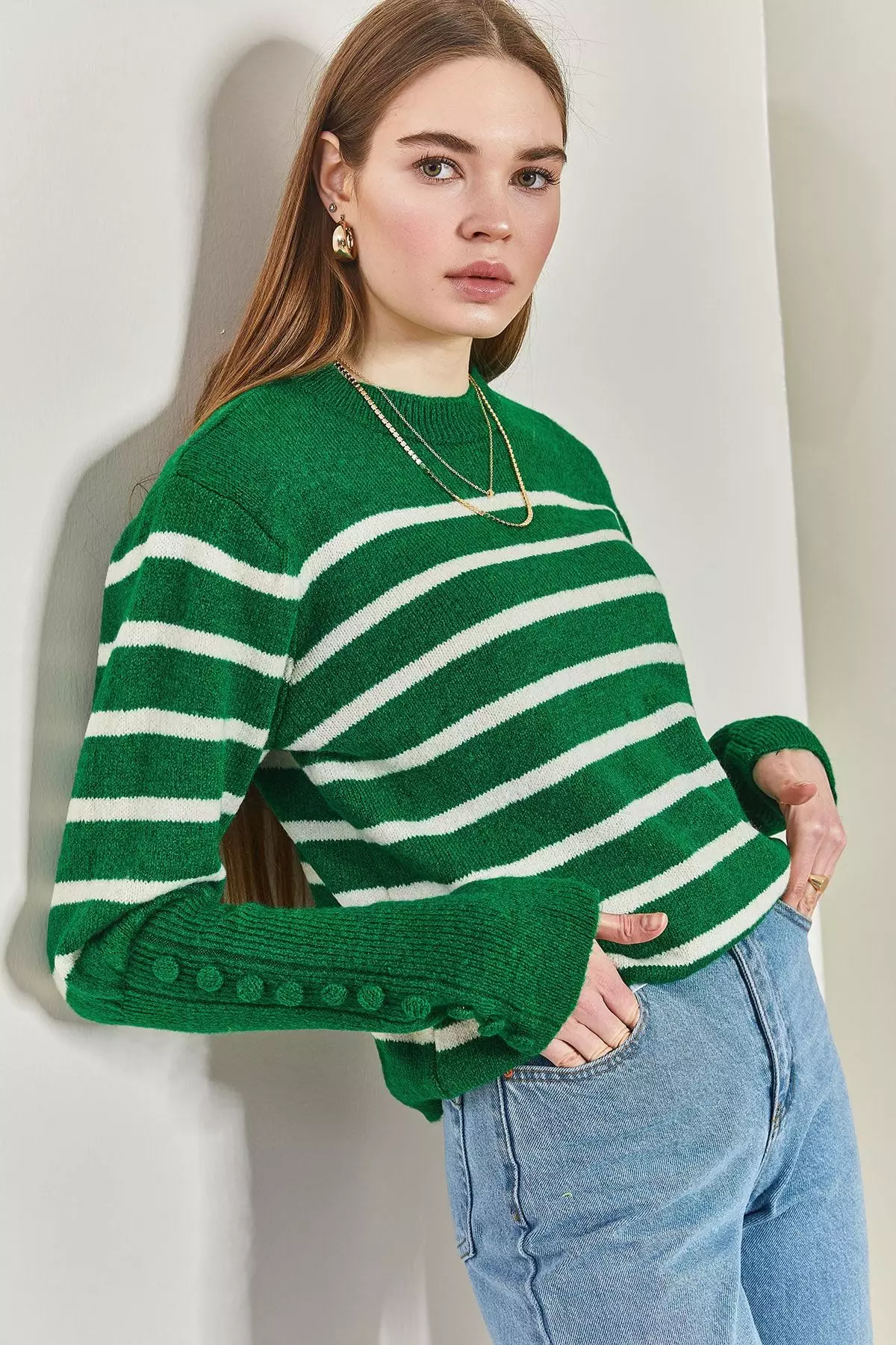 Women's Striped Knitwear Sweater With Cufflinks