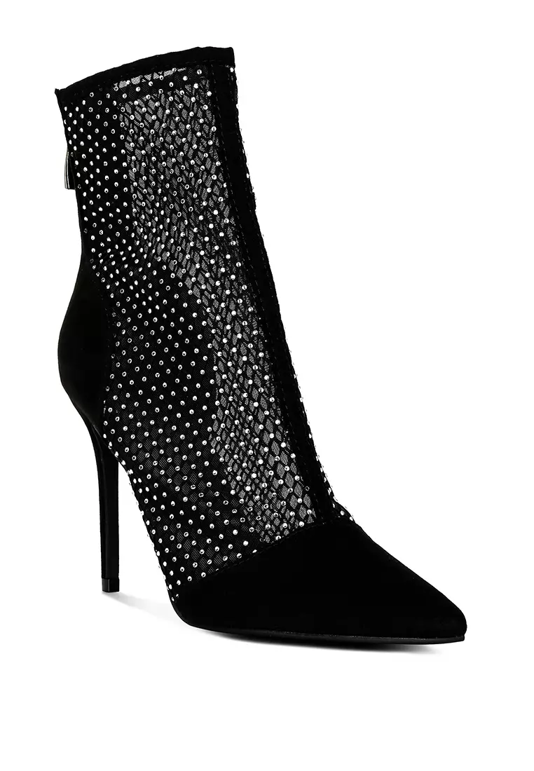 Buy London Rag Mesh Diamante Detail High Heel Boots in Black 2024 ...