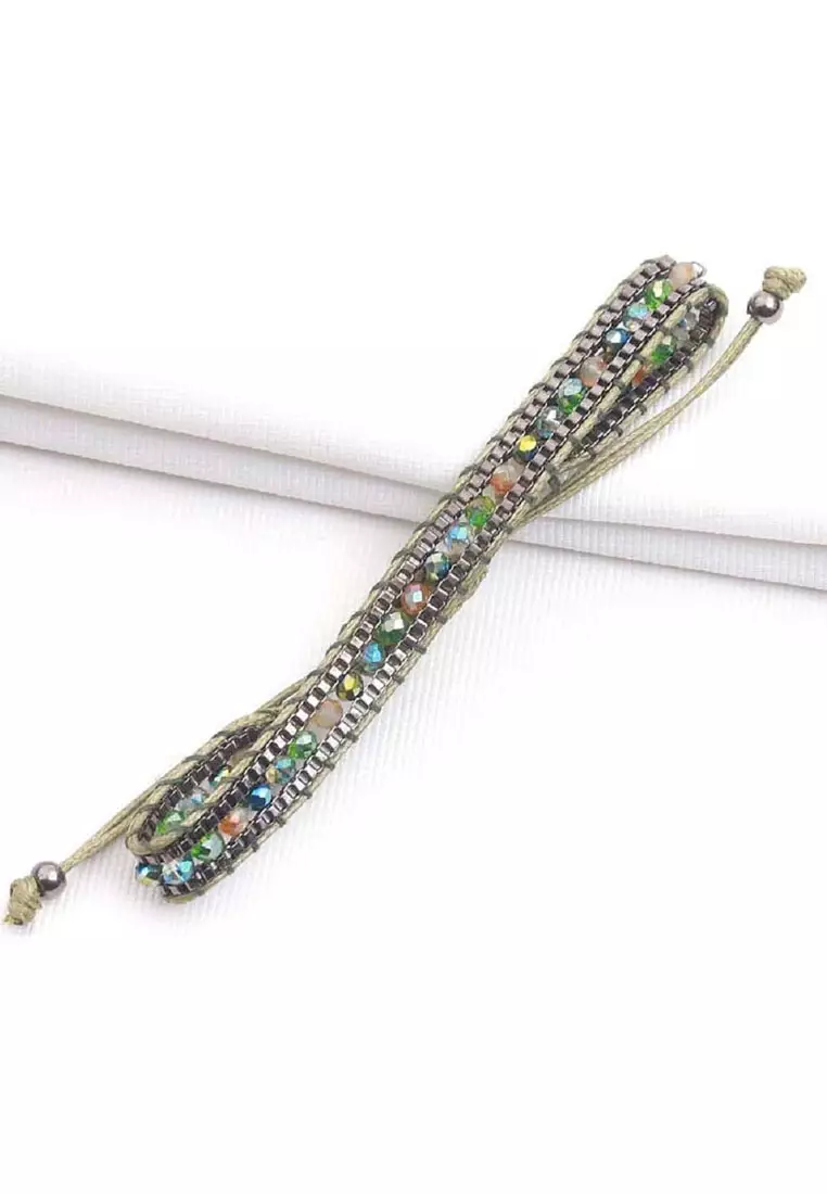Aksesoris Gelang Wanita Crystals Beads Embellish Macrame Bracelet Green Army