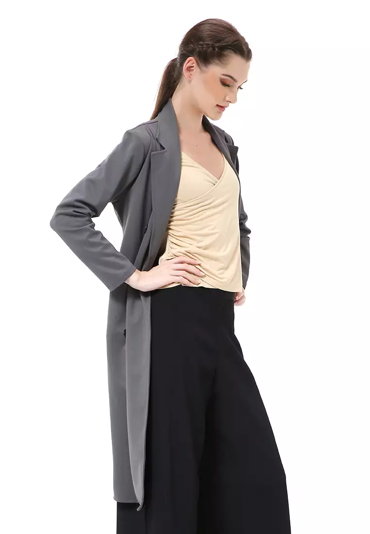 Myra Outerwear Wanita Long Blazer Desain Kancing Plain Motive Material Wedges ORIGINAL - Dark Gray