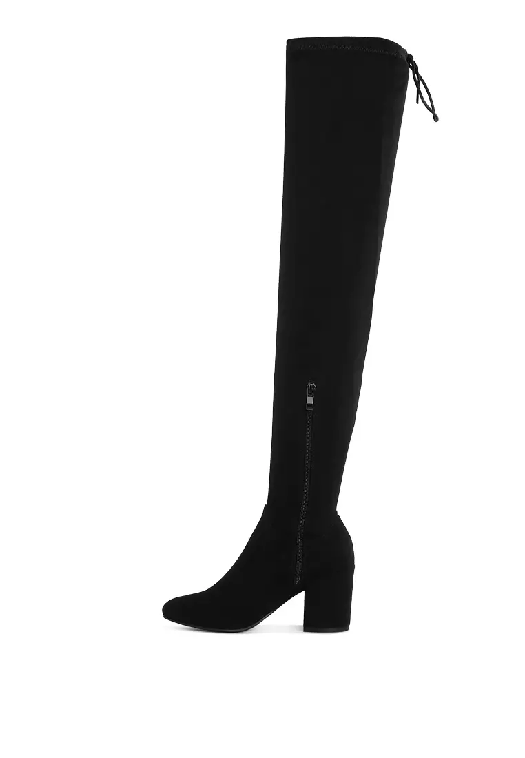 Minimal Drawstring Detail Knee-High Boots in Black