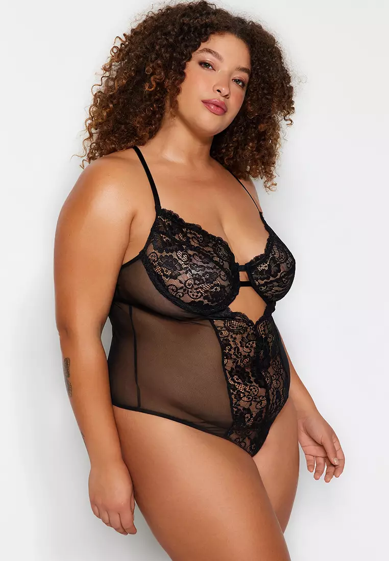 Buy Trendyol Plus Size Black Window/Cut Out Lace Bodysuit in Black