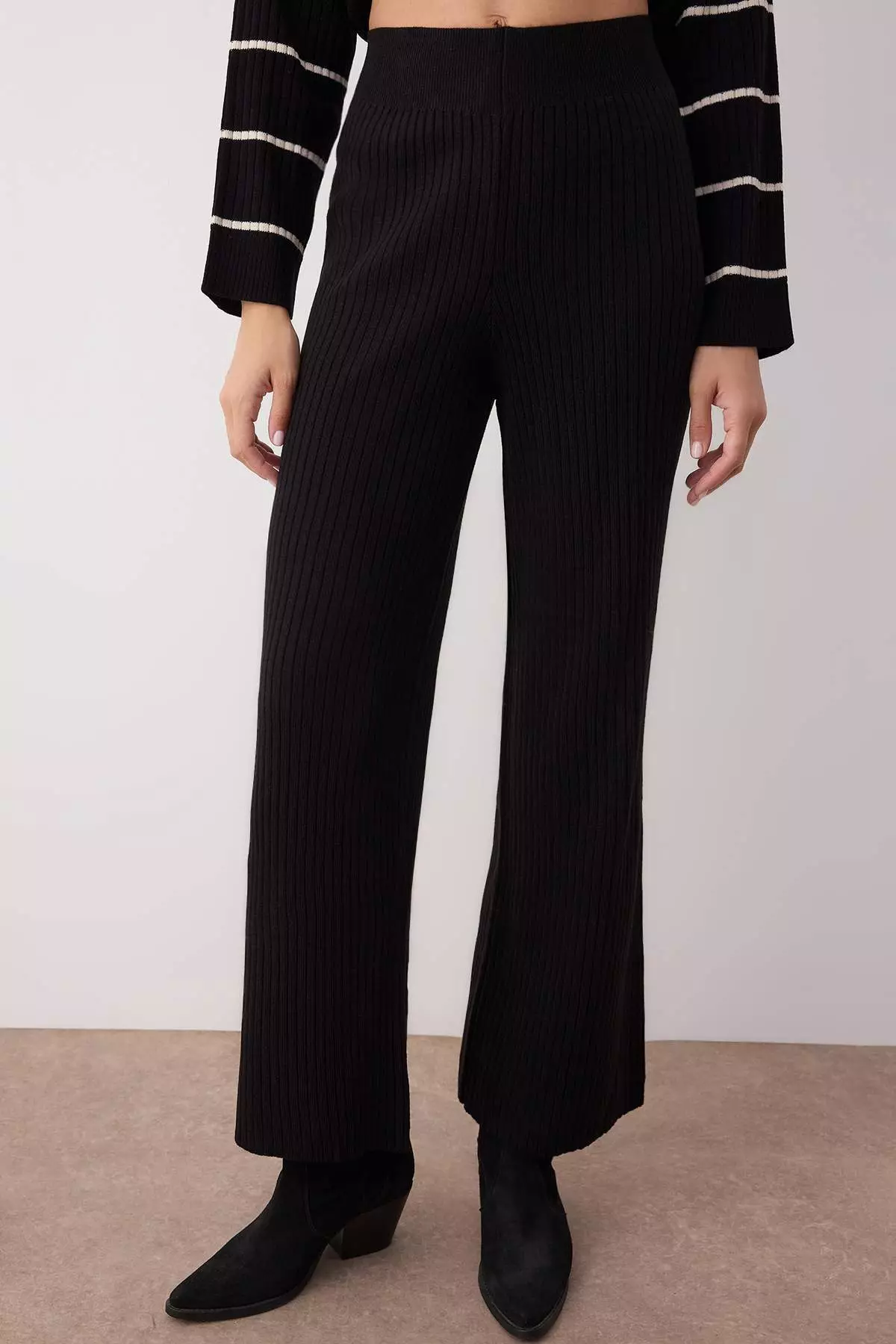 Black Wide Fit Striped Basic Ribbed Knitwear Bottom Top Set