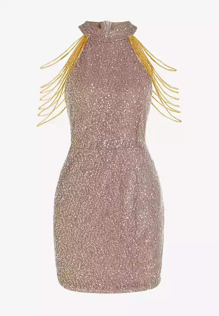 2025時尚掛脖性感水晶亮片流蘇連衣裙CA081626