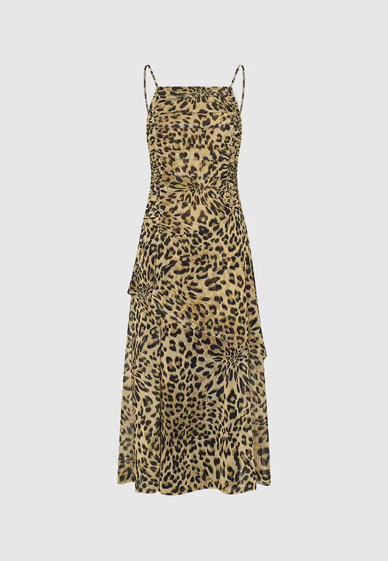 UR春季新款女时髦褶皱收腰豹纹印花吊带连衣裙UWJ750002