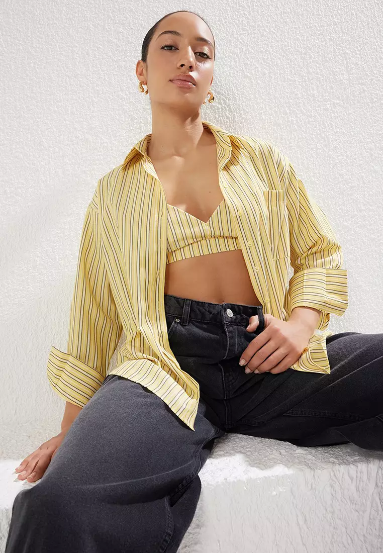 Striped Oversize Bustier in Yellow Wide Pattern Woven Shirt TWOSS25GO00076