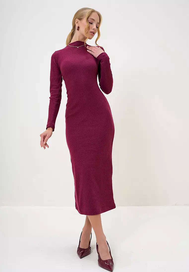 Crew Neck Long Sleeve Interlock Fabric Midi Length Dress