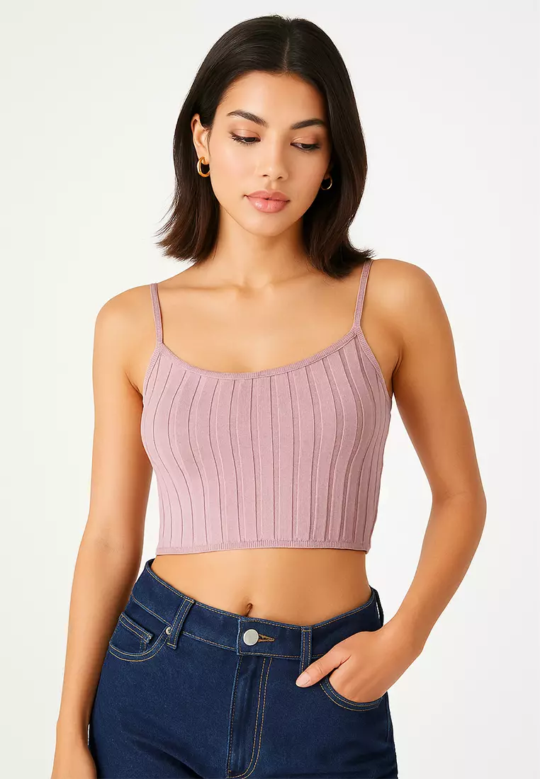 Rib Knit Spaghetti Crop Top in Mocha