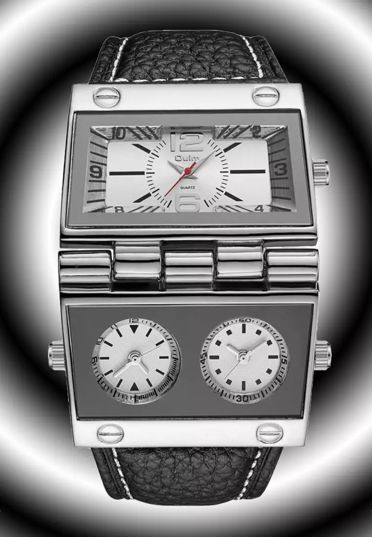 超大號男士石英手錶 - 55x55 毫米 - 精鋼錶殼，黑色錶盤，黑色皮革錶帶