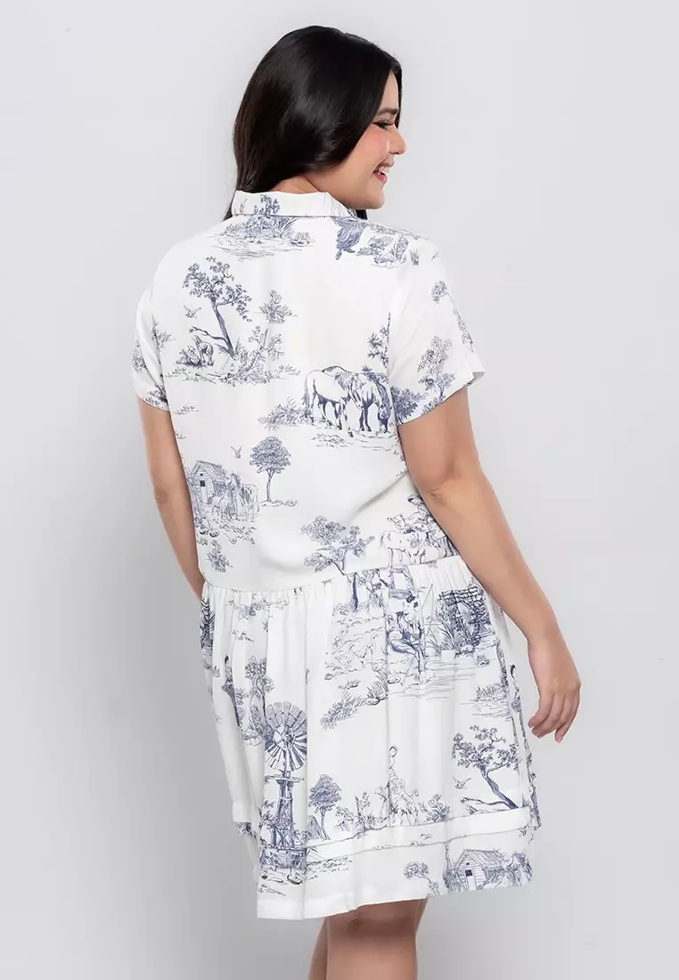 Milly Plus Size Magnolia Flounce Hem Shirt Dress in Graphic Nature Print